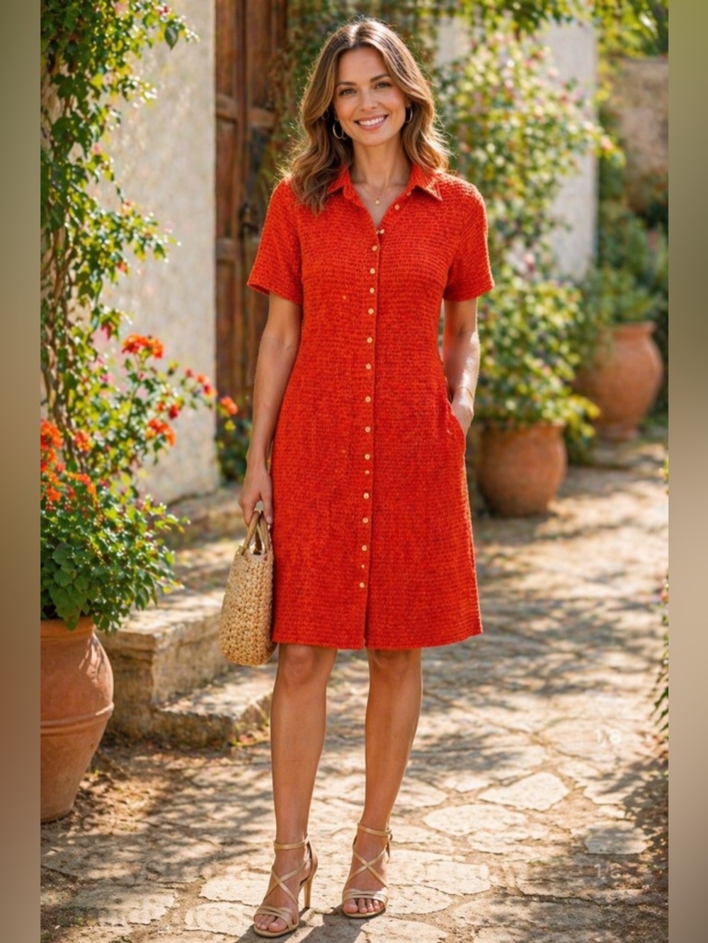 Geysir orange button down midi dress Size S
